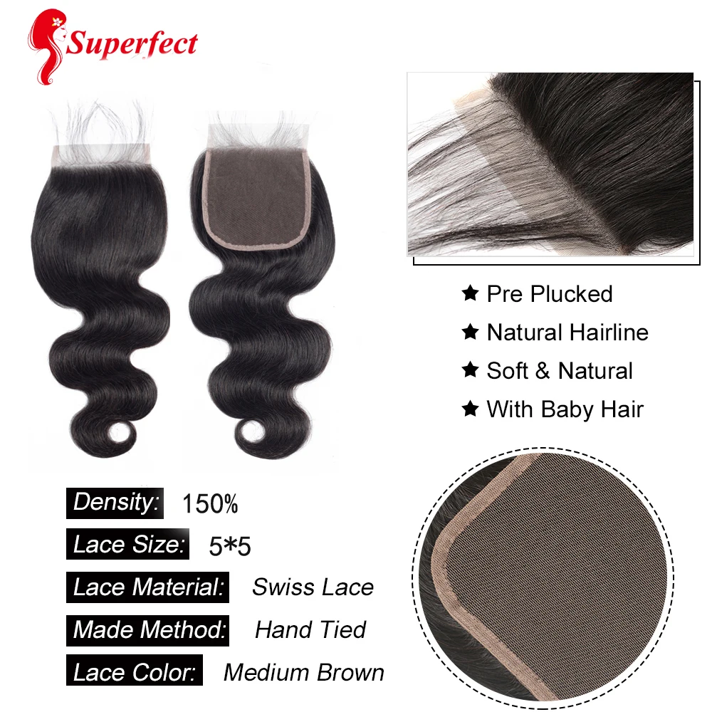 Superfect 5x5 объемная волна закрытия шнурка человеческих волос натуральный Цвет бразильский парик из волос Реми отбеленные узлы с ребенком