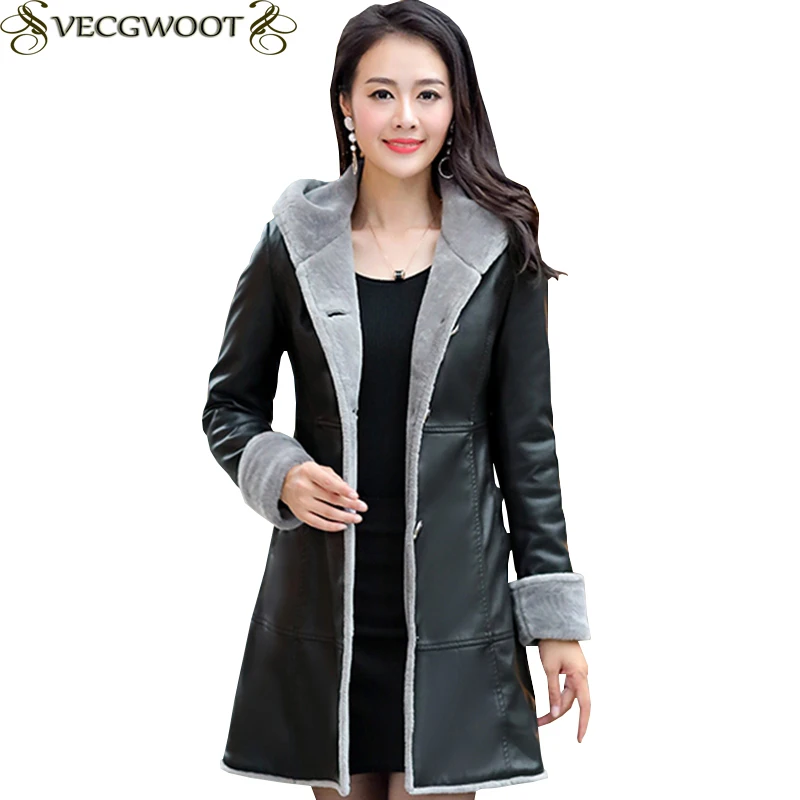 

Female Winter New Plus velvet Plus size Leather Coat Women Fashion Slim Long Hooded Leather Women Single breasted Leather X1529