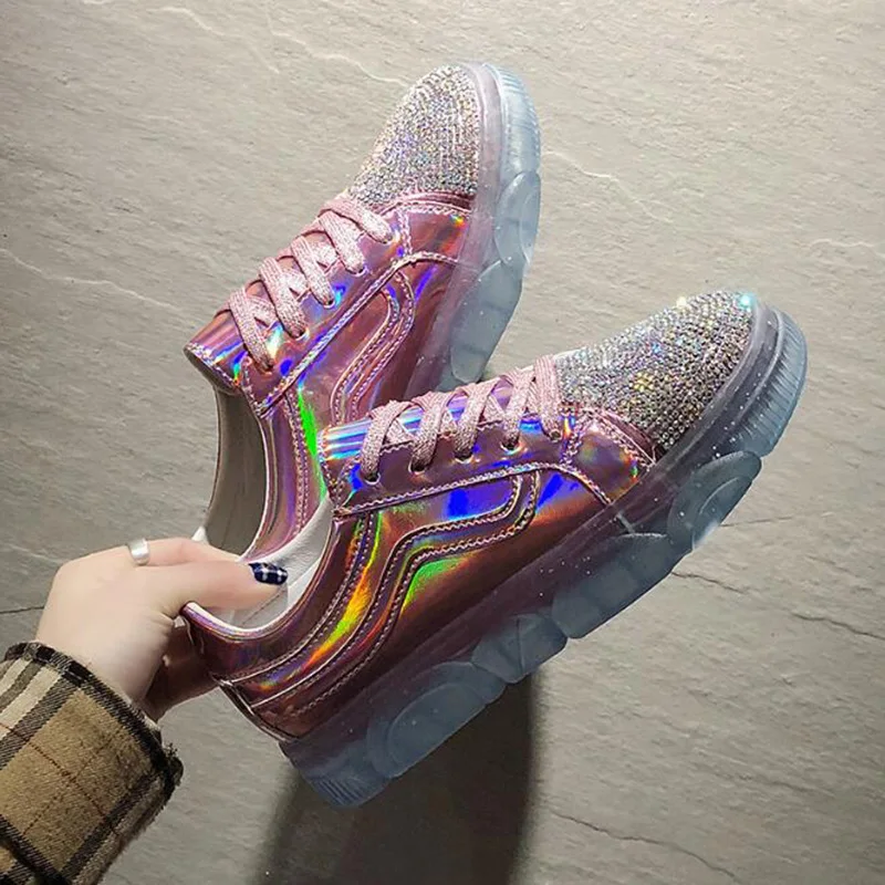

Fashion Designer Silver Reflective Shoes Women Sneakers Summer White Sneakers Lace-up Sparkly Shoes For Women Casual Shoes Tenis