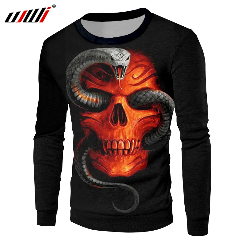 UJWI Black Sweatshirt Men Cool Print Snake Skull 3d Custom Sweatshirt Hoodies Man Hip Hop Sportwears Crewneck Pullovers Blouse