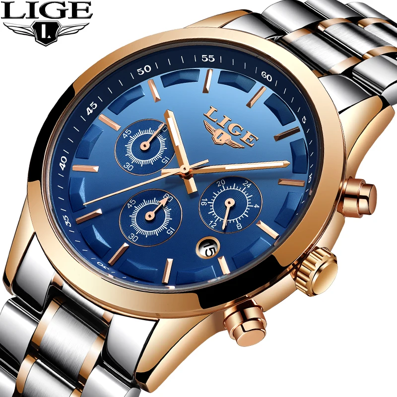 

LIGE Mens Watches Top Brand Fashion Business Quartz Watch Men Stainless Steel Waterproof Sport Wrist Watch Men Relogio Masculino