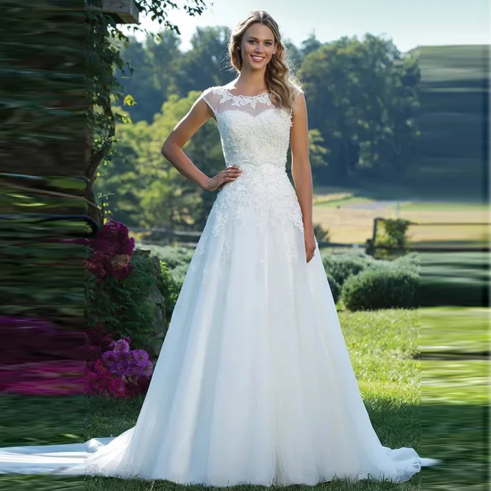 

Princess Boho A Line Wedding Dress Appliqued Top Sheer O Neck Train Bridal Gown Free Shipping vestido de festa longo