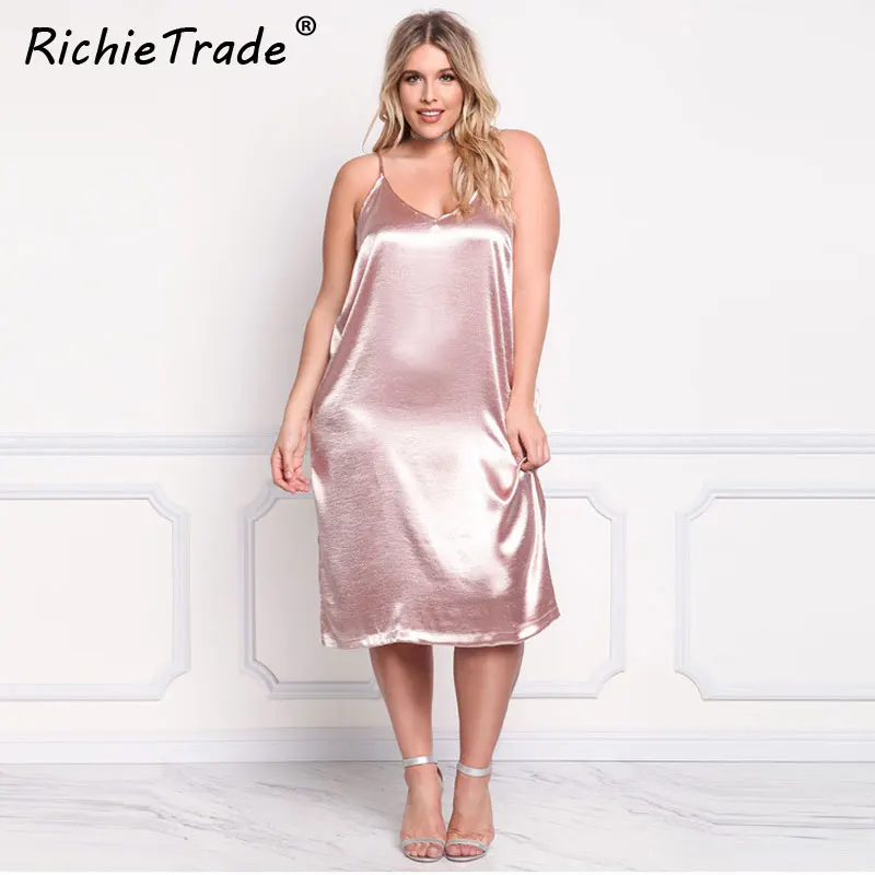 

RICHIETRADE Summer Dress Solid V Neck Sleeveless Plus Size Loose Casual Sling Dresses Backless 2017 New Fashion Womens Dress