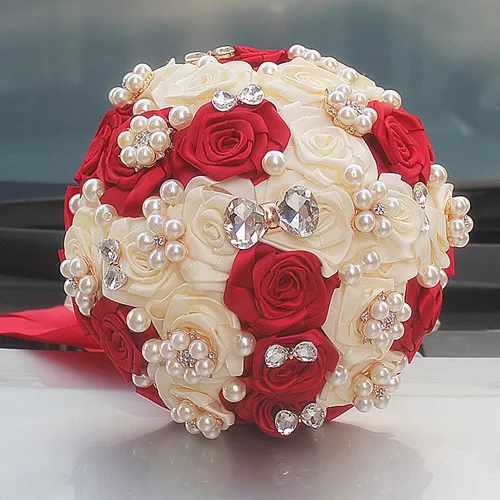18cm Ivory winered WifeLai-A WineRed слоновой кости Свадебный букет кристалл ювелирные изделия жемчужная брошь из бисера букет Шелковый Свадебный букет с лентами W128 - Цвет: 18cm Ivory winered