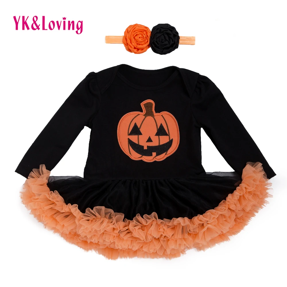 Halloween Baby Costume Girls Rompers Dresses Newborn Pumpkin Black Jumpsuits Dress Infant