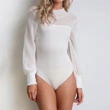 New 2018 Bodysuit Women Sexy Lace Patchwork Long Sleeve Ladies Mesh Bodysuit Slim Tops Black White Red
