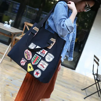 

Personalized badge canvas tote shoulder large capacity female casual handbag