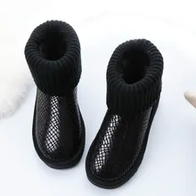 Женские зимние сапоги из натуральной кожи; вязаные Водонепроницаемые зимние сапоги средней высоты; змеиная кожа; Цвет Черный; Botas De Inverno Ms