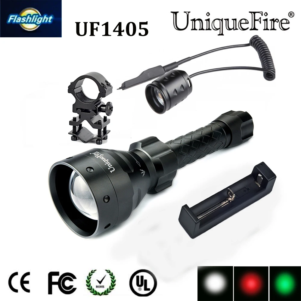 

Uniquefore 1405 Flashlight 3 Mode XRE Green / Red / White Light LED Torch+Charger+Rat Tail +Gun Mount 67mm Convex Lens Lampe