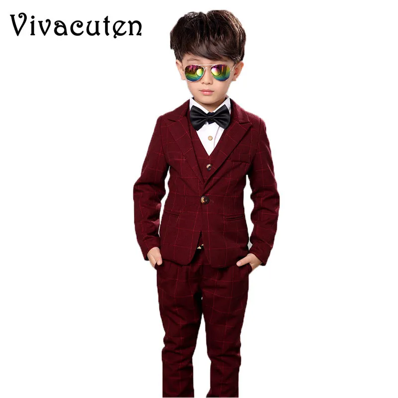 Цветок деловой костюм для мальчиков детское платье для свадебного торжества клетчатый Блейзер жилет брюки рубашка галстук детский