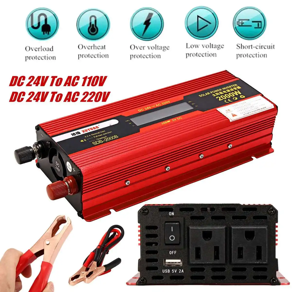 

LCD Display 2000W Car LED Power Inverter Sine Wave DC24V To AC110V/220V Converter Portable Car Power Inverter Adapter Red