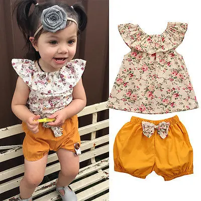 

2017 Summer Newborn Baby Girl Clothes Floral Tank Top +bow-knot Shorts 2PCS Outfits Bebek Giyim Toddler Kids Clothing Set