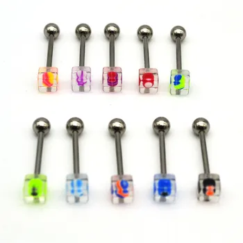 

HENGKE Jewelry New Clear Square Tongue Bar Straight Barbell Rings Fashion Body Piercing Jeweley Mixed Colors 14G Surgical Steel
