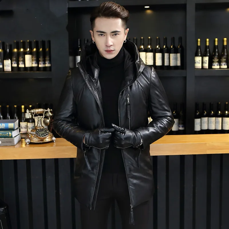 

YOLANFAIRY Genuine Leather Jackets For Men Winter Warm Thick Hooded Down Coat 2019 Top Quality Plus Size Outwear 1622 MF419