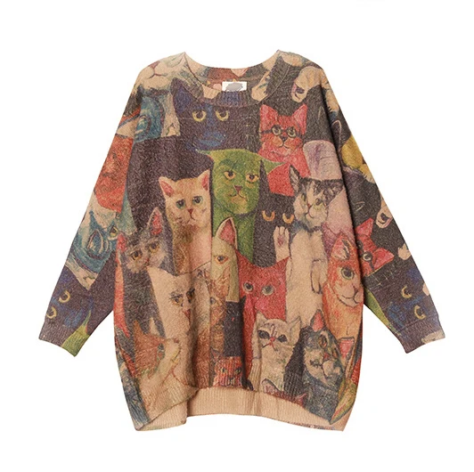 

Autumn Winter Sweater Retro Women Large size Loose Knitting Sweater Tops Print Character O-Neck Casual Blended Female Sweater