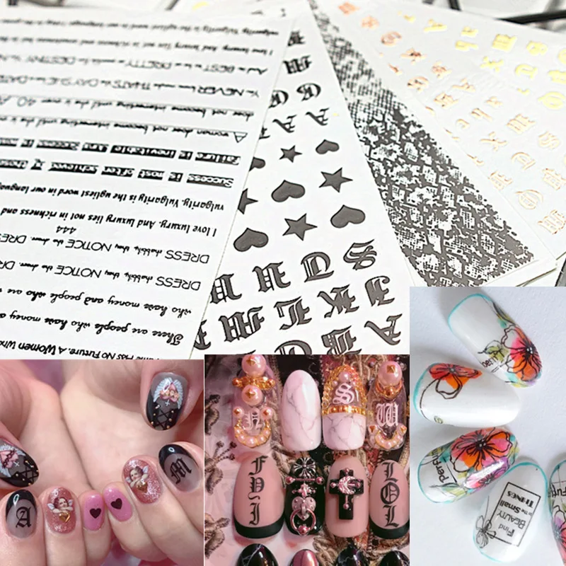 1 sheet Gold/black 3d Nail Art Sticker Nail Decal Gothic font English alphabet Words Character Nail Adhesive Sticker Decals 2019