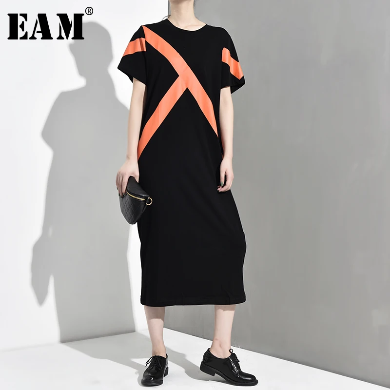 

[EAM] 2019 New Spring Summer Round Neck Short Sleeve Hit Color Loose Pattern Line Stitch Long Dress Women Fashion Tide JY264