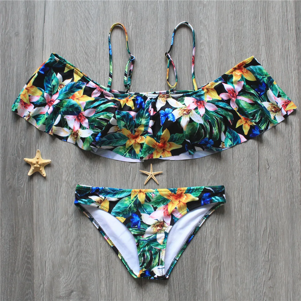 

2019 Green Leaf Brazilian Bikini Women Ruffle Bathing Suits Off Shoulder Swimsuit Sexy Two Pieces Swimming Suits Beachwear