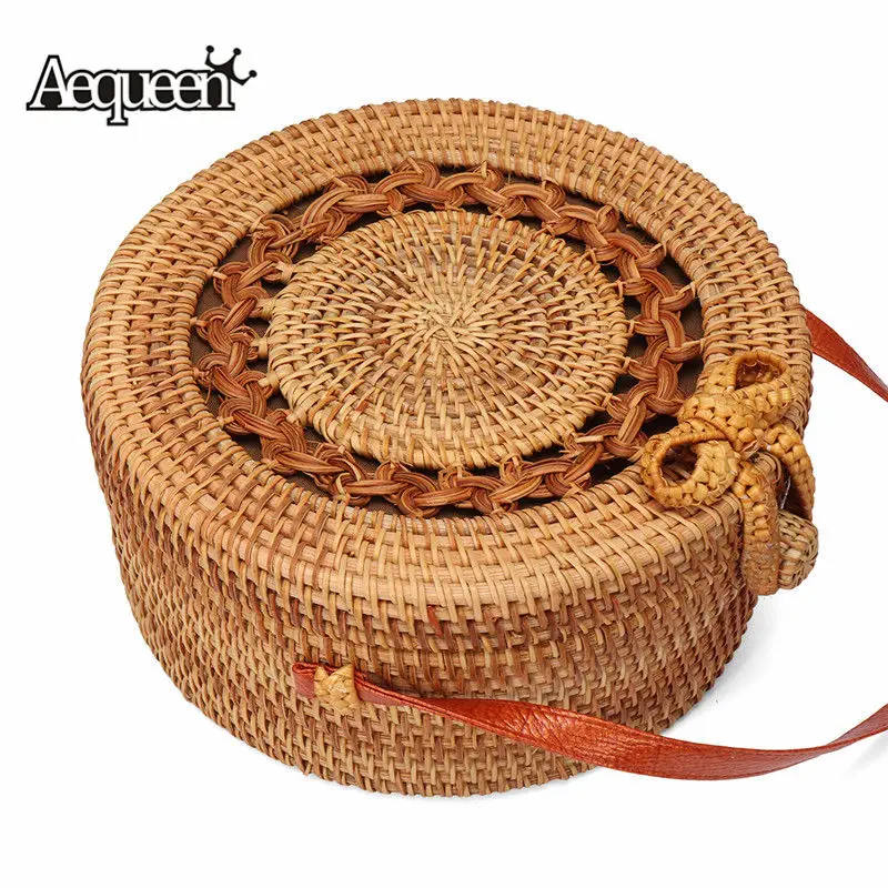 

AEQUEEN Bohemia Round Rattan Bags Beach Straw Bag Handmade Knitted Crossbody Bag Circle Shoulder Bags Bowknot Woven Bolsos Mujo