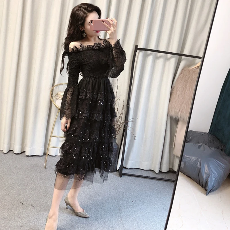 

Women Sweet Slash Neck Flare Long Cake Dress 2019 New Summer Korean Fashion Dress for Female
