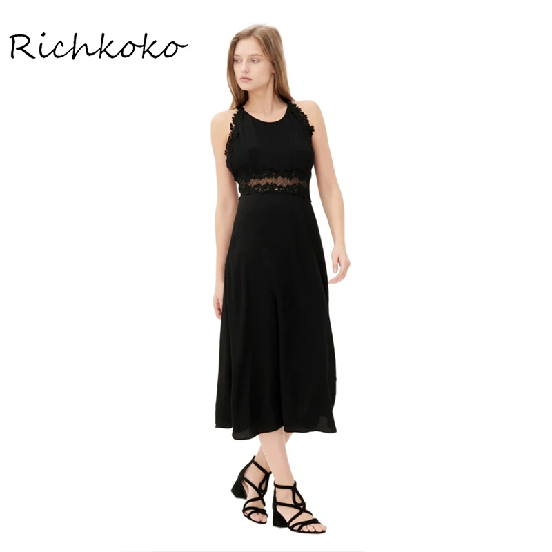 Richkoko Solid Black Women Dress Sexy Sheer Patchwork Sleeveless Crew