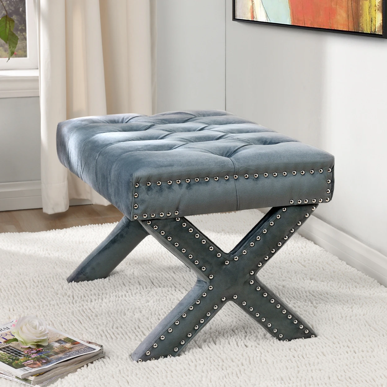 Emma Velvet Button Tufted Ottoman -  X-Legs | Silver Nailhead Trim | Modern & Functional by Inspired Home (2)