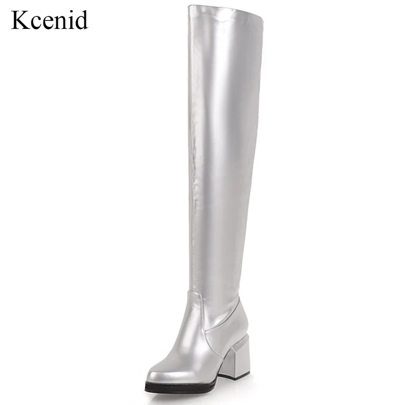 

Kcenid Sexy long women boot shoes gold silver PU leather over the knee boots winter pointed toe chunky high heels platform shoes