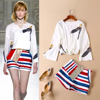 

New Catwalk show thin suit female character printing v neck horn sleeve blouse sequins stripe shorts in the summer