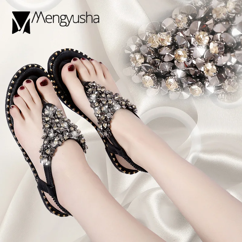 

bling bling thong sandals women crystal beading gladiator sandalias mujer 2018 glitter beach shoes woman rivets flip flops c496