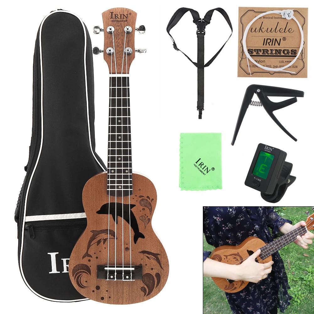

21 Inch Ukulele Sapele Wood 15 Frets Dolphins Sound Hole Four Strings Guitar + Bag + Tuner + String + Capo + Strap + Cloth