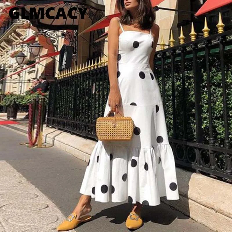 

Women Polka Dot Long Maxi Dress Summer Sleeveless Ruffles Dress Big Dots Casaul Bohemian Dresses Boho Beach Vestidos