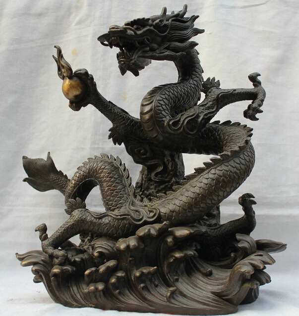 

002284 13" Lucky China Bronze Chinese Zodiac Year Bronze Flying Dragon Play Ball Statue