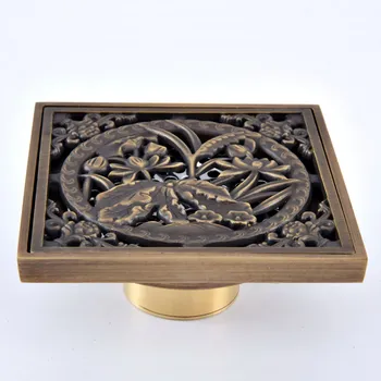 

Antique Brass Vintage Retro Carved Flower Pattern Bathroom Shower Drain 4" Square Floor Drain Waste Grates ahr080