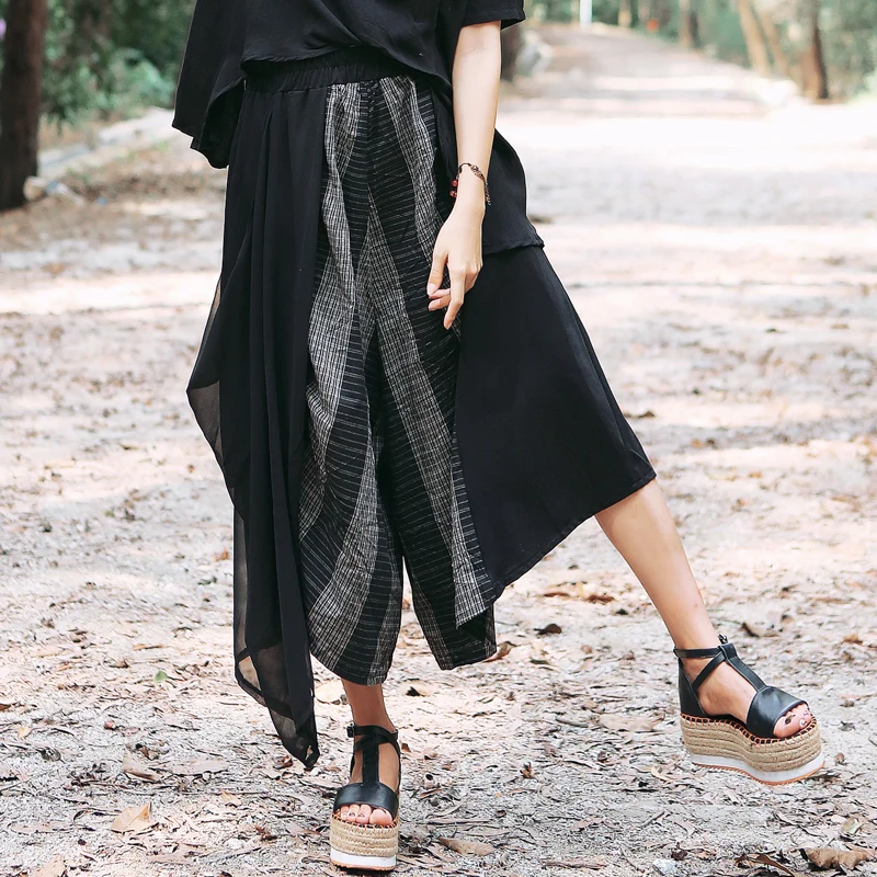 #0618 Summer Joggers Women Spliced Chiffon Wide Leg Pants Female Loose Streetwear Cotton Linen Elastic High Waist Trousers Black #0618 Summer Joggers Women Spliced Chiffon Wide Leg Pants Female Loose Streetwear Cotton Linen Elastic High Waist Trousers Black