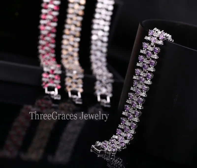 Threegraces jewelry моды белого золота Цвет Роскошный белый и Королевский синий CZ Кристалл Камень большой Браслеты браслеты для Для женщин BR038