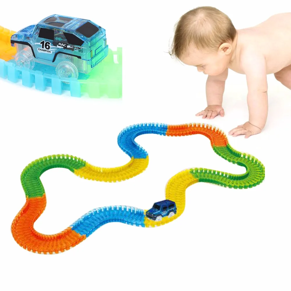 

HBB 165pcs Flex Glowing Race Track Bend Flash in the Dark Assembly + 1pc Car Toy Set