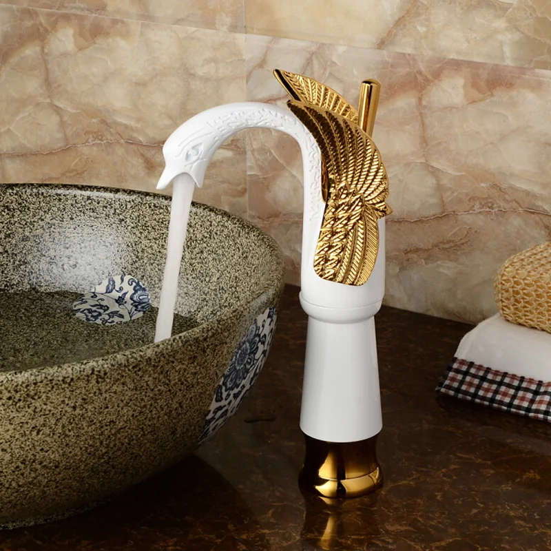 

Luxury Golden & white Countertop Basin Faucet Single Lever Vanity Sink Swan Shape Mixer Taps