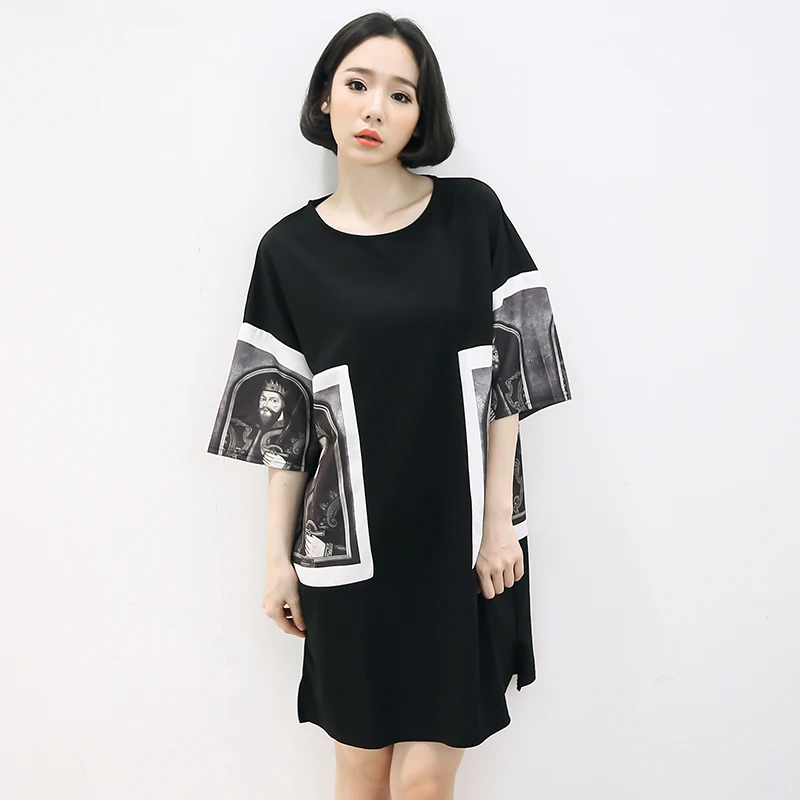 

Women's Dresses Japan Kawaii Ulzzang Five-point Sleeves Fork King Of Poker Printing Loose Dress Female Cute Korean Harajuku
