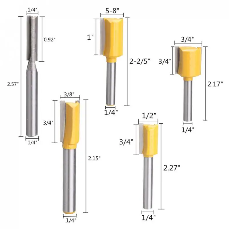 TORO 5 pcs 1/4'' Shank Straight Knife Trimming Machine Cutter & Yellow Dado Router Bit Set for Woodworking Trimming Cutter