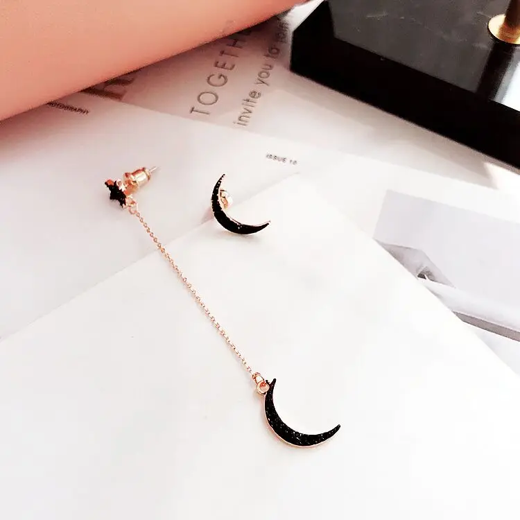 Hot Style New Arrival Full Rhinestone Moon Star Pendant Asymmetric Earrings For Women Fashion Personality Long Pendientes