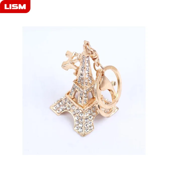 

Trendy Eiffel Tower Keychain Pendant Holder Crystal Strass Zircon CZ Charm Gold Color Metal Keychains Buckle Key Rings