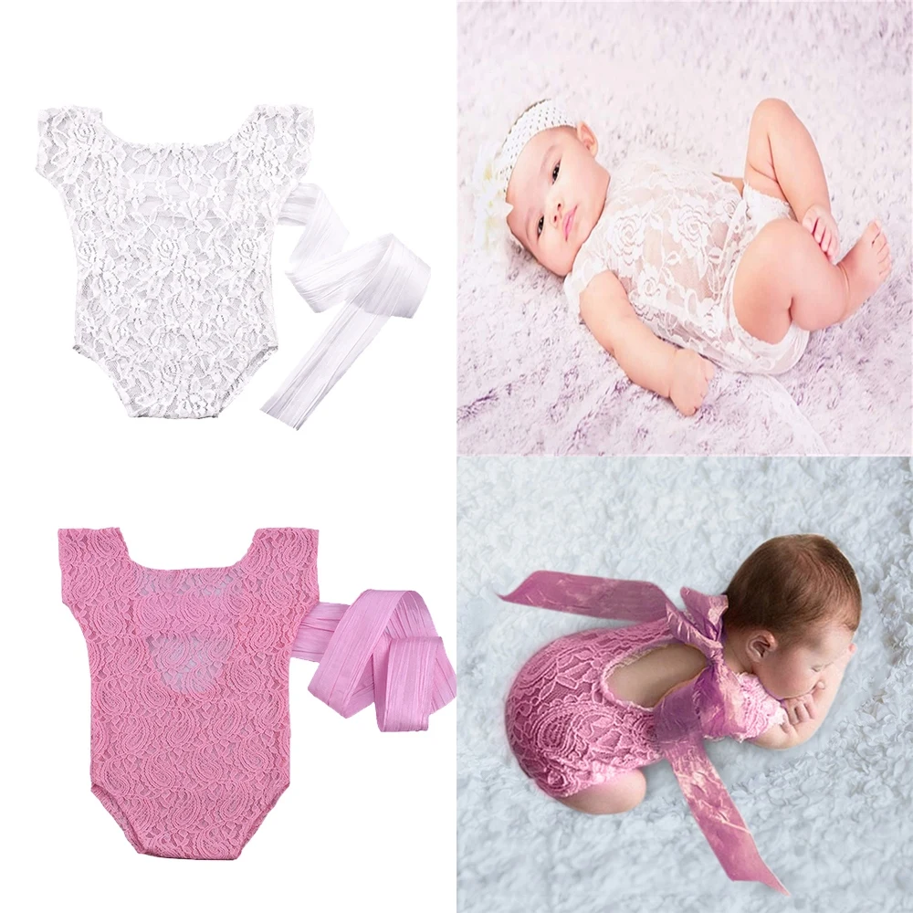 

Newborn Photography Props Lace Romper Baby Girls Infant Photo Shoot Clothes White Pink Romper