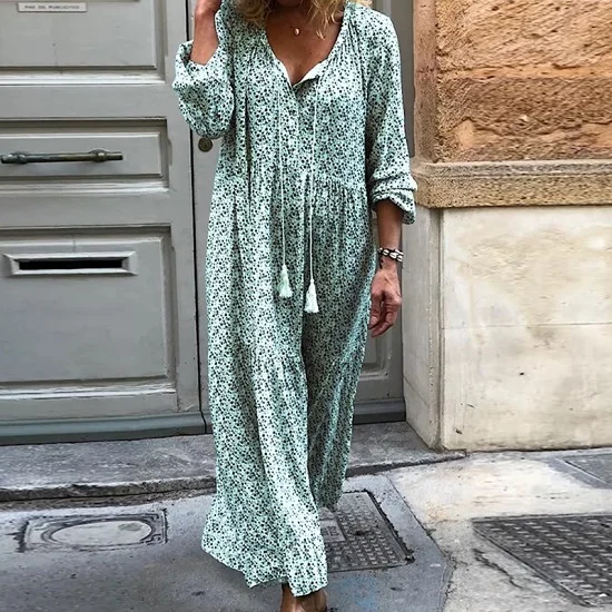 Lipswag 5XL Summer Autumn Long Sleeve Printed Boho Dress Women Loose V-neck Maxi Dresses Vintage Plus Size Long Dress Vestidos - Цвет: Green