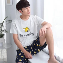 Nachtwäsche baumwolle nightgown männlichen sommer 100% kurzhülse kurzschlüsse dünne männer pyjamas cartoon sommer plus größe lounge-set