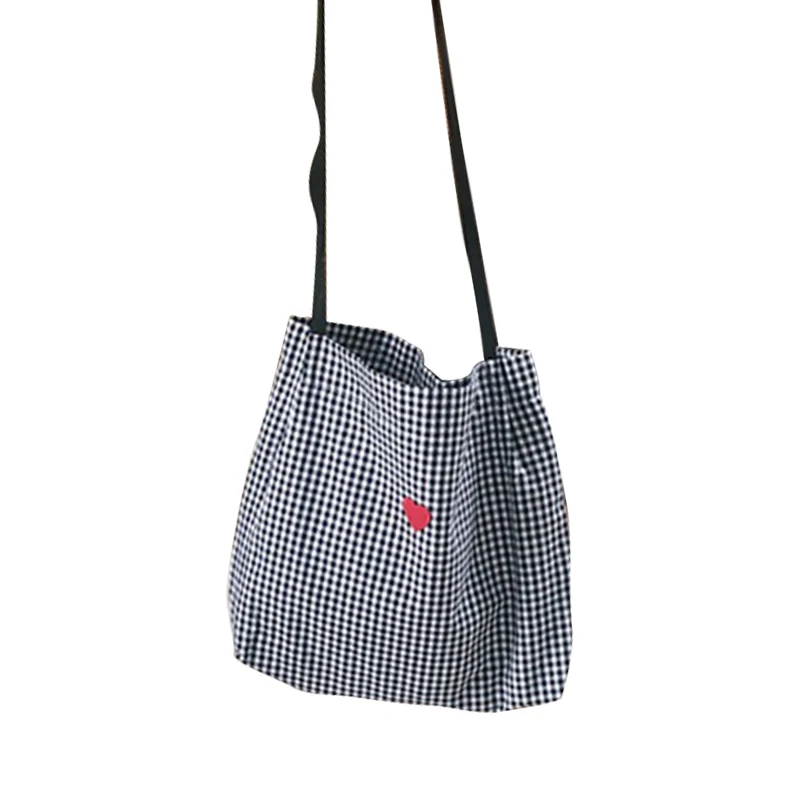 

Women Canvas Shoulder Bag Black White Plaid Embroidery Ladies Shopping Bag Handbags Totes Cotton Cloth Beach Bags