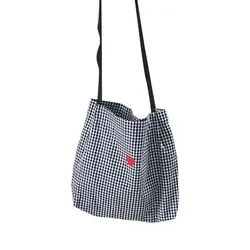 Женская Холщовая Сумка на плечо черно-белая клетчатая вышивка женская сумка для покупок ручные сумки из хлопчатобумажной ткани пляжные