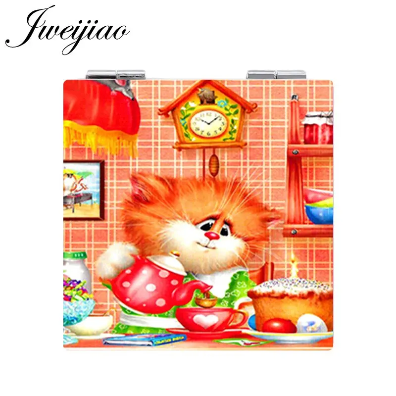 E181 JWEIJIAO карманное зеркало с изображением кота, изображение милых животных, косметическое зеркало, мини-складное квадратное 1 х/2 х увеличительное зеркало из искусственной кожи - Цвет: E181