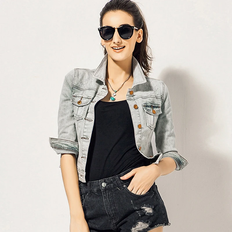 High Quality Denim Jean Jacket Women Three Quarter sleeves Vintage Single Breasted Slim Short 