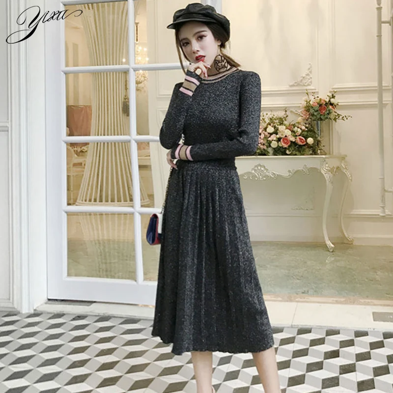 

New Autumn Woman Knit Two-pieces Suit O-neck Sweater + Pleated Skirt Set for Woman Casual Warm Winter Female Black Bling Sets
