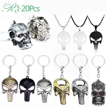 

RJ 20Pcs Wholesale Terminator Punisher Keychains Pendants Skeleton Skull Head Bottle Opener Choker Men Keyring Avengers Jewelry